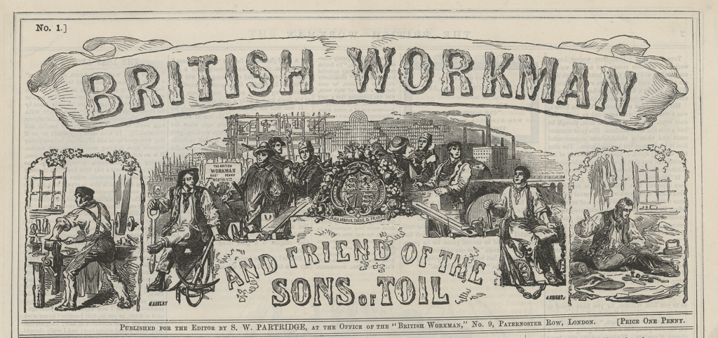 Masthead, "British Workman" vol. 1, no. 1 (1855): 1. Illustration by Henry Anelay.