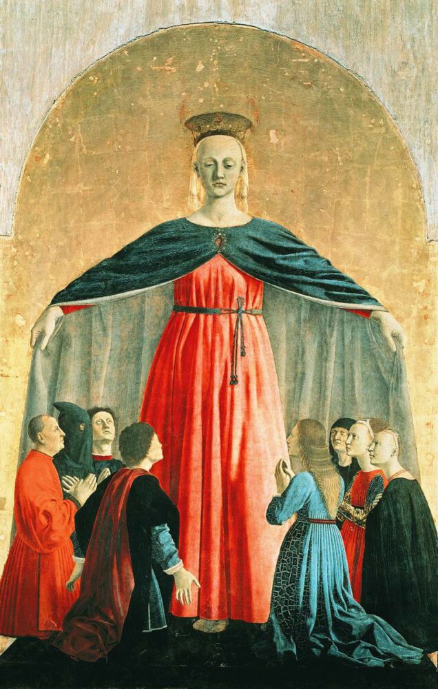 The Virgin extending her cloak around the faithful in Piero della Francesca's Madonna della misericordia (Sansepolcro)
